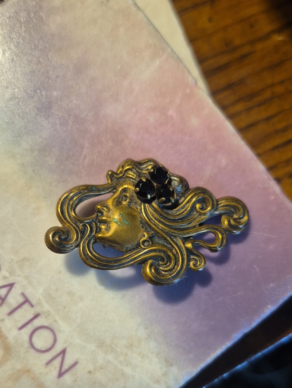 Vintage Art Nouveau Brass Gold-Tone Goddess Purple black Crystal Fur Clip